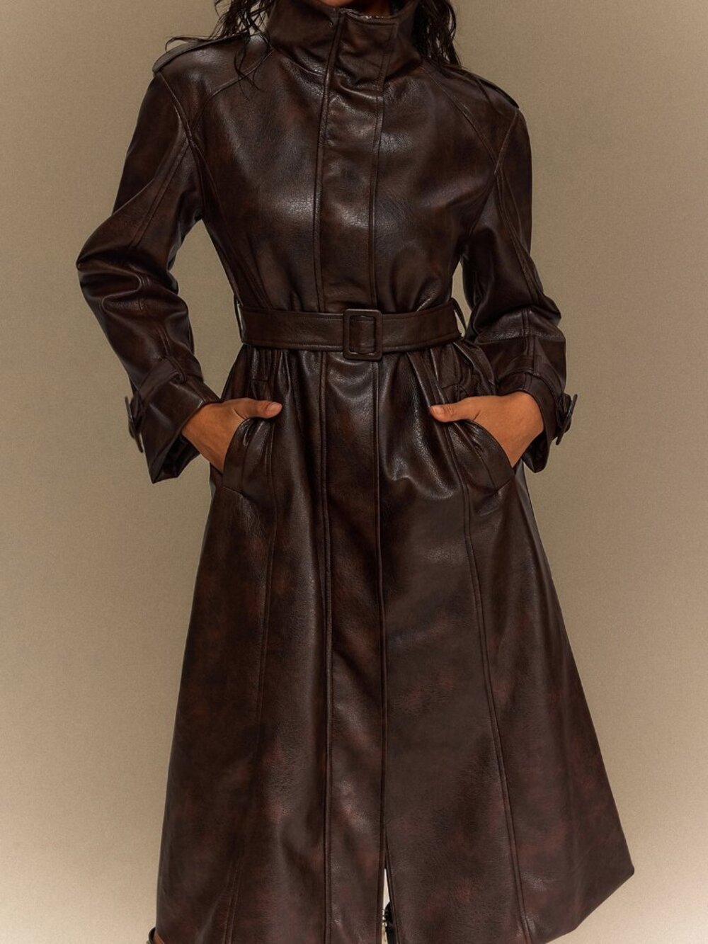Brown Elegant Women's Loose Funnel Neck Zipper Faux Leather Trench Coat - Picture 4 of 7